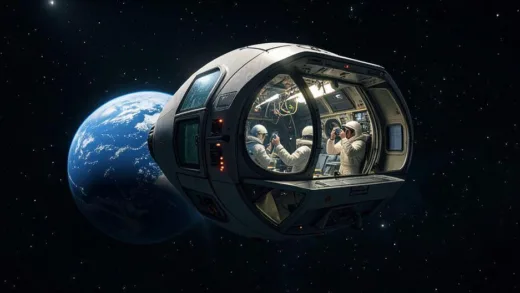 Artemis II spacecraft Orion capsule in space with Earth in the background, astronauts taking photos through windows, cinematic lighting, detailed spacecraft interior