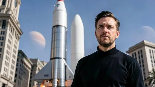 Elon Musk standing in front of a giant SpaceX rocket, looking determined, with a backdrop of Wall Street and a subtle hint of Mars in the distance.
