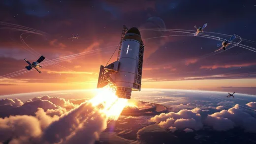 Futuristic SpaceX Starship launching at sunrise with Starlink satellites orbiting Earth, dramatic cinematic lighting, highly detailed digital art