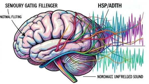 Highly detailed illustration of human brain with sensory gating filter mechanism, comparing normal filtering to HSP/ADHD unfiltered sound waves, colorful neural pathways, scientific yet artistic style