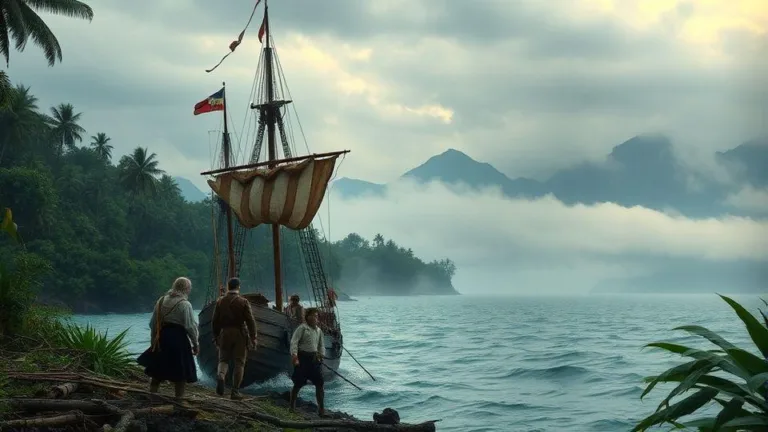 Historical scene of Scottish settlers arriving by ship at the Darien jungle coastline in 1698, with dense tropical forest and misty mountains in the background, wearing 17th century clothing, dramatic lighting.