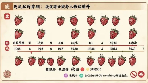 Historical timeline showing Japanese strawberry varieties entering Korea during Japanese occupation period, with calendar dates from early 1900s to 2002 UPOV membership, visualized as an infographic with strawberry illustrations and royalty payment symbols