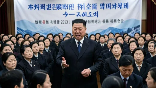 Kim Jong Un giving an emotional speech to thousands of North Korean women, with some women looking somber, a large banner in the background, a very formal and serious atmosphere, propaganda style, 2023.