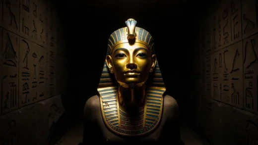 The golden mask of Tutankhamun shining in a dark tomb chamber, with intricate details visible under soft lighting, Egyptian hieroglyphs in background, archaeological discovery scene