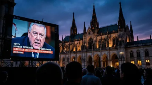 Viktor Orban looking defeated with Hungary election results showing landslide loss on TV screen, Budapest parliament building at dusk, dramatic photojournalistic style
