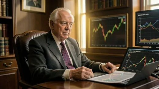 Warren Buffett sitting in a classic office, thoughtfully looking at stock charts, a subtle golden glow around him.