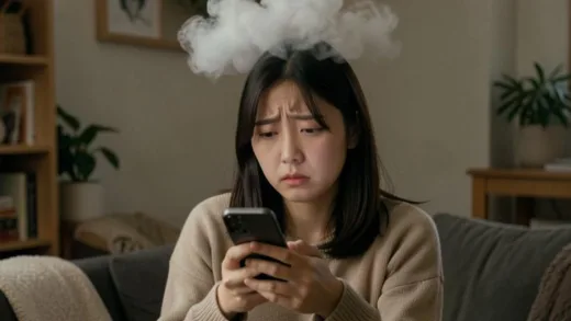 A 35-year-old woman, Jin-ha, looking sad and confused after a breakup, holding a phone, with a subtle "smell" cloud above her head symbolizing the scent of separation. The setting is a cozy, slightly melancholic room.