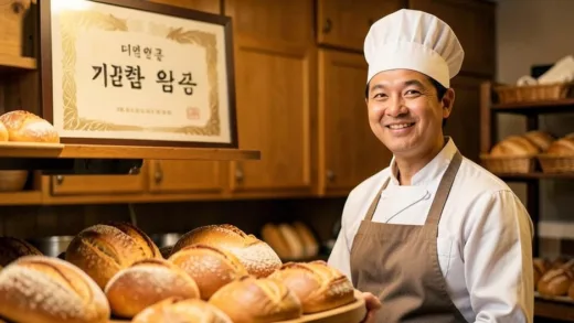 A baker wearing a chef's hat, looking proudly at a display of freshly baked bread. In the background, there's a certificate with "대한민국 제빵 명장" written in Korean. The atmosphere is warm and inviting.