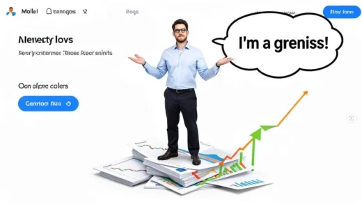 A beginner investor, looking overly confident and arrogant, standing on top of a pile of rising stock charts, with a thought bubble showing 'I'm a genius!', in a modern, clean, mobile-optimized blog image style.