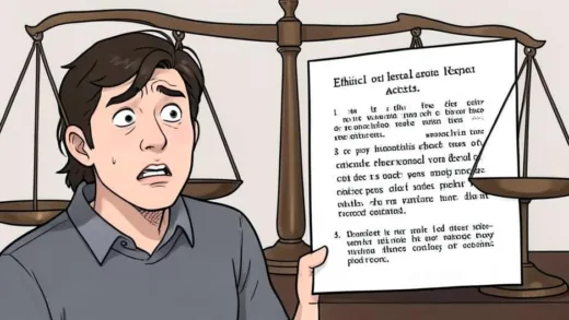 A bewildered person looking at two very similar documents, with legal scales in the background, representing confusion over ethical versus legal aspects of content plagiarism.