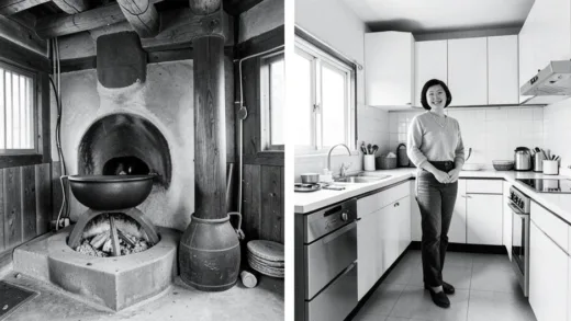 A black and white photo of a traditional Korean kitchen with an 'agung-i' (hearth) next to a modern, clean kitchen design from the 1970s, showing a stark contrast and innovation. Focus on a woman smiling while standing upright in the modern kitchen.