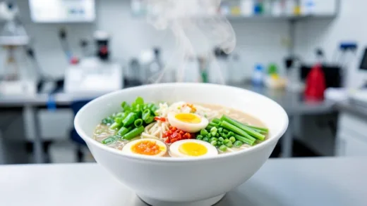 A bowl of steaming ramen, with various ingredients like green onions, eggs, and chili, against a blurry background of a modern food research lab, professional food photography style.