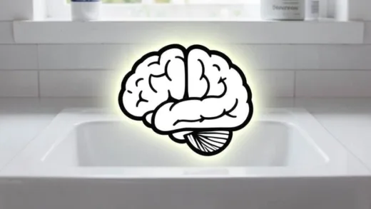A brain icon superimposed over a clean kitchen sink, with a subtle glow around the organized area, illustrating the concept of a brain learning to prefer tidiness.
