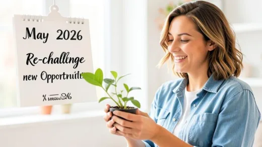 A bright and hopeful image of a small business owner looking at a growing plant, symbolizing re-challenge and new opportunities, with a subtle calendar showing May 2026.