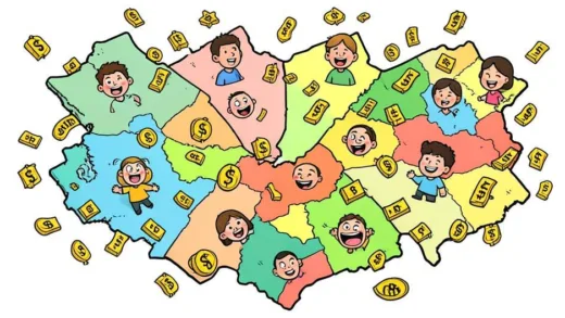 A bright and optimistic image of various regional maps converging, with money symbols and smiling people indicating widespread support, in a friendly cartoon style.