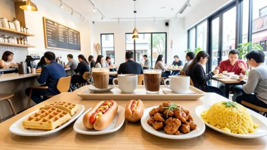 A bright, modern coffee shop interior with various food items like waffles, hot dogs, tteokbokki, and fried rice prominently displayed alongside coffee cups, bustling with customers enjoying both drinks and meals.