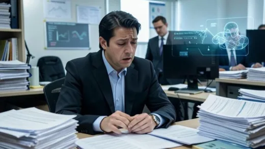 A busy public servant in an office, surrounded by stacks of Excel sheets, looking overwhelmed, while a subtle AI interface glows in the background, hinting at a solution.