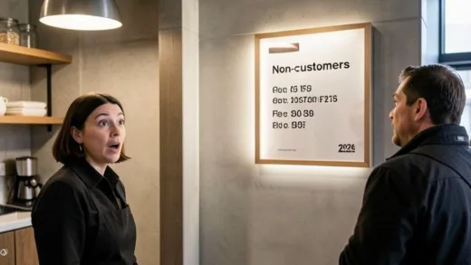 A cafe restroom sign displaying a fee for non-customers, with surprised people looking at it, in a modern cafe setting, 2026.