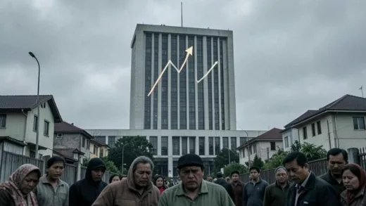 A central bank building with a subtle upward arrow on an interest rate graph, towering over a residential area with worried families. The atmosphere is serious but not chaotic. Focus on the contrast between institutional power and individual struggle.