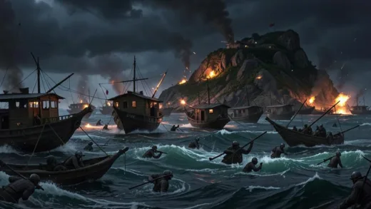A chaotic night scene of small, wooden Chinese junks and fishing boats attempting a beach landing on a rocky island, under sporadic gunfire and explosions, with many soldiers drowning in rough waves. The sky is dark and stormy.