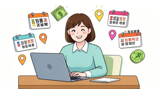 A cheerful Korean small business owner sitting at a desk with a laptop, surrounded by floating icons of money, calendar dates, and location pins representing various regional support funds, bright and hopeful atmosphere, flat vector style.
