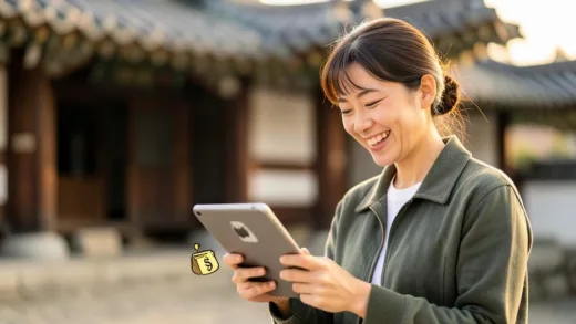 A cheerful small business owner in Gyeongju, South Korea, looking happy while reviewing business finances on a tablet, with traditional Korean architecture subtly blurred in the background, a small money icon near the tablet. Warm lighting, realistic.