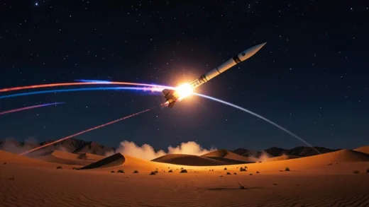 A Cheongung II missile successfully intercepting a target missile in a desert night sky, with glowing trails, representing advanced defense technology and international recognition, realistic military photography style.