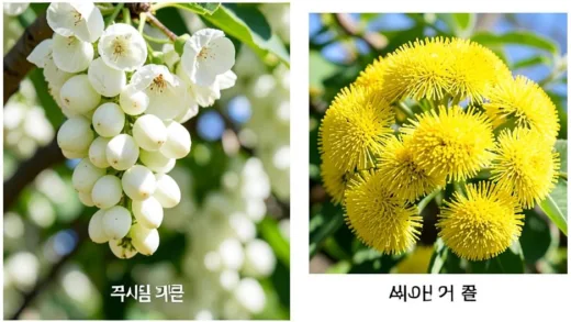 A close-up comparison of white Robinia pseudoacacia blossoms hanging like grapes, next to a photo of round yellow Acacia flowers, with clear labels in Korean, bright spring sunlight