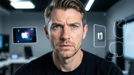 A close-up portrait of John Ternus, looking visionary and determined, with subtle Apple product outlines (iPad, AirPods, Vision Pro) in the background, set in a sleek, modern, tech-focused environment.