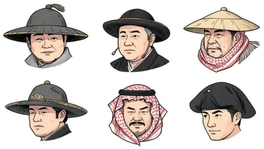 A collage of various traditional hats from different cultures: a Korean gat, a Japanese eboshi worn by a sumo referee, a Middle Eastern keffiyeh with an agal, and a historical Phrygian cap, all stylized to highlight their unique cultural significance.