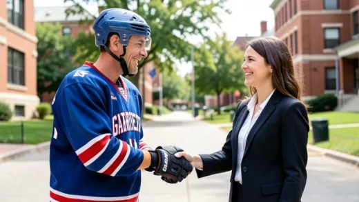 A college campus setting, a popular hockey player Garrett and a classical music student Hannah shaking hands with a mischievous smile, symbolizing a secret agreement.