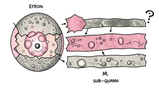 A conceptual image depicting layers of matter being broken down, starting from an atom, then a nucleus, then quarks, finally hinting at even smaller sub-quark particles with a question mark.
