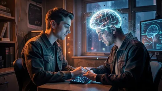 A conceptual image of a young person sitting at a desk with a glowing AI interface, but their brain is shown fading or dissolving into particles, symbolizing cognitive decline in the digital age, cyberpunk aesthetic with warm and cold contrast