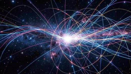 A conceptual image of light speed, showing light waves traveling through a vast, intricate cosmic network, with a strong emphasis on the interconnectedness of space-time and information flow.
