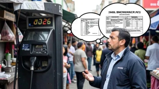 A concerned small business owner looking at a rising gas pump, with a thought bubble showing complex government subsidy forms, set against a backdrop of a bustling but struggling marketplace. The year 2026 is subtly visible on a calendar or digital display.