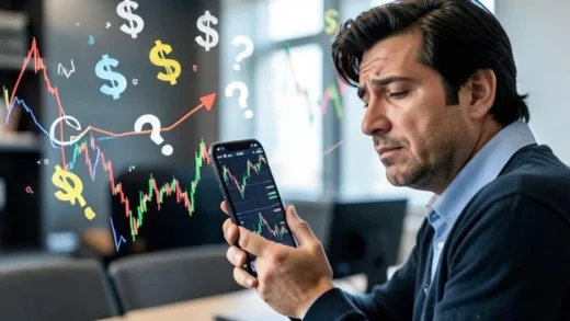 A confused individual investor looking at a chaotic stock market chart on a smartphone, with dollar signs and question marks floating around.