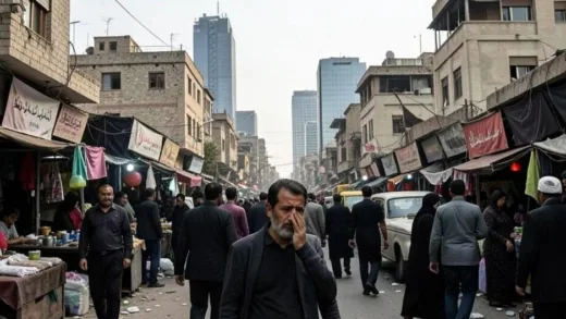 A confused person standing in a chaotic marketplace in Baghdad, Iraq, with traditional buildings and modern elements clashing in the background, representing the country's complex reality.