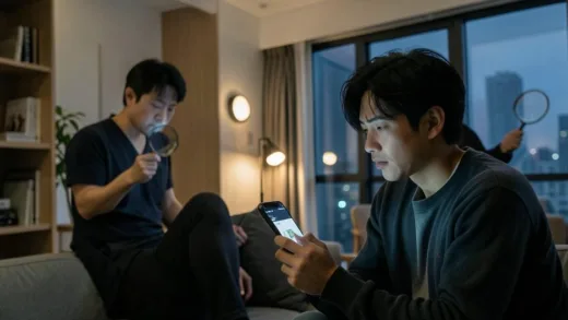 A confused young couple looking at an apartment listing on a phone, with a landlord character holding a magnifying glass in the background, set in a modern Seoul apartment interior, evening light, realistic, detailed, cinematic.