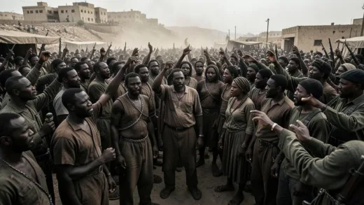 A dark, crowded slave auction in modern-day Libya, African men and women standing in chains with sad expressions, armed militia men bidding with raised hands, dusty outdoor setting in Tripoli outskirts, documentary style photography, gritty realistic atmosphere, 4K