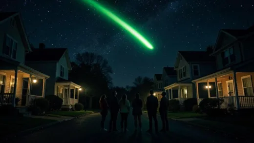 A dark suburban street at night with eight friends standing outside a house, looking up at a bright green comet streaking across the starry sky, vintage houses with warm lights, mysterious and eerie atmosphere, cinematic shot inspired by Coherence movie 2013