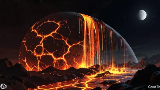 A desolate exoplanet Corot 7b with a scorching hot, lava-covered side and a cooler side where molten rock precipitates as heavy, glowing rain. The sky is dark, showing the host star nearby. Scientific illustration style.
