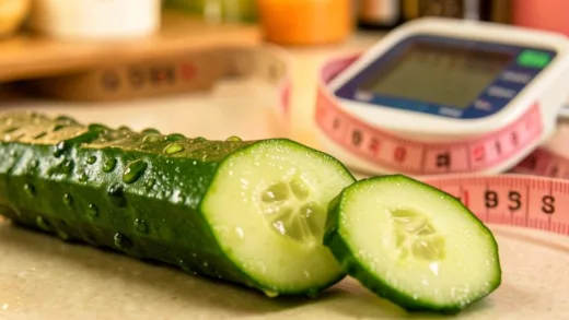 A detailed close-up of a fresh cucumber being sliced, with water droplets on its green skin, showing the juicy inside. A measuring tape wrapped around a blood pressure monitor in the background suggesting cardiovascular health. Warm kitchen lighting, healthy lifestyle atmosphere.