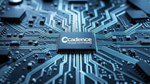 A detailed digital rendering of a complex semiconductor chip circuit, with microscopic wires and transistors, overlaid with the Cadence Design Systems logo, suggesting the invisible hand behind the design. Futuristic, high-tech, and precise.