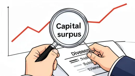 A detailed illustration of a person holding a magnifying glass over a financial statement, highlighting the terms "capital surplus" and "dividend". The background shows a graph with a declining trend. Professional, clean, digital art style.