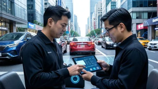 A detailed image of a futuristic, app-based car repair service, showing a mechanic looking at a tablet with vehicle data, with diverse cars in the background, set in a modern Asian city in 2026, conveying innovation and global expansion.