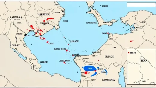 A detailed scientific map showing the Persian Gulf, Strait of Hormuz, Iran, Saudi Arabia, and surrounding countries with major oil fields marked in red and gas fields in blue