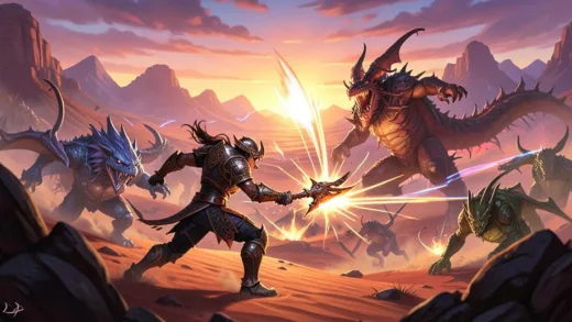 A detailed, vibrant scene of the open-world action RPG Crimson Desert, showing a character engaging in combat with fantastical creatures in a vast, beautifully rendered landscape at sunset. The character is wearing intricate armor and wielding a unique weapon, with special effects highlighting the action. High-resolution, cinematic quality, fantasy art style.
