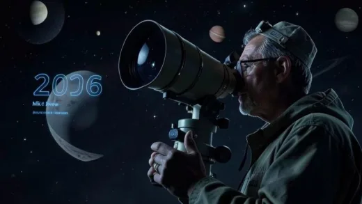 A determined astronomer, Mike Brown, looking through a large telescope at a dark night sky, with a subtle overlay of Pluto and other celestial bodies. The year 2006 is subtly incorporated into the background as a holographic display.