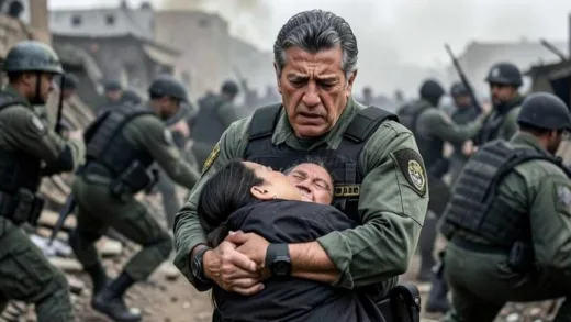 A determined Mexican special forces officer, Estrada, in his 50s, looking distraught, holding his deceased wife in his arms amidst a chaotic ambush scene, a symbol of betrayal and loss.