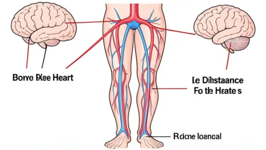 A diagram showing the human circulatory system with emphasis on blood flow to the legs, highlighting the distance from the heart and brain. Clear, professional, medical illustration style.